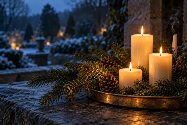 Velas acesas entre ramos de pinheiro e pinhas em bandeja dourada, com jardim de inverno desfocado ao fundo.