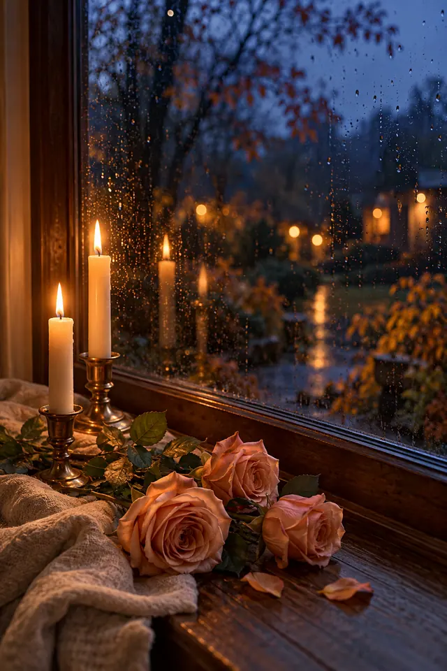 Velas acesas e rosas em tom pêssego no peitoril de uma janela com gotas de chuva ao anoitecer.