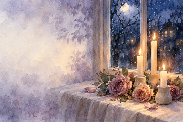 Aquarela de três velas acesas e rosas junto à janela, com lua e galhos ao fundo e espaço claro à esquerda.