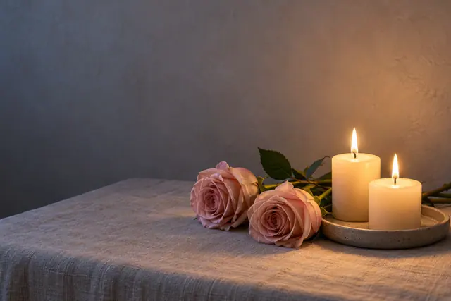 Duas velas acesas em bandeja de pedra e rosas rosadas sobre linho, com luz suave e espaço livre ao fundo.