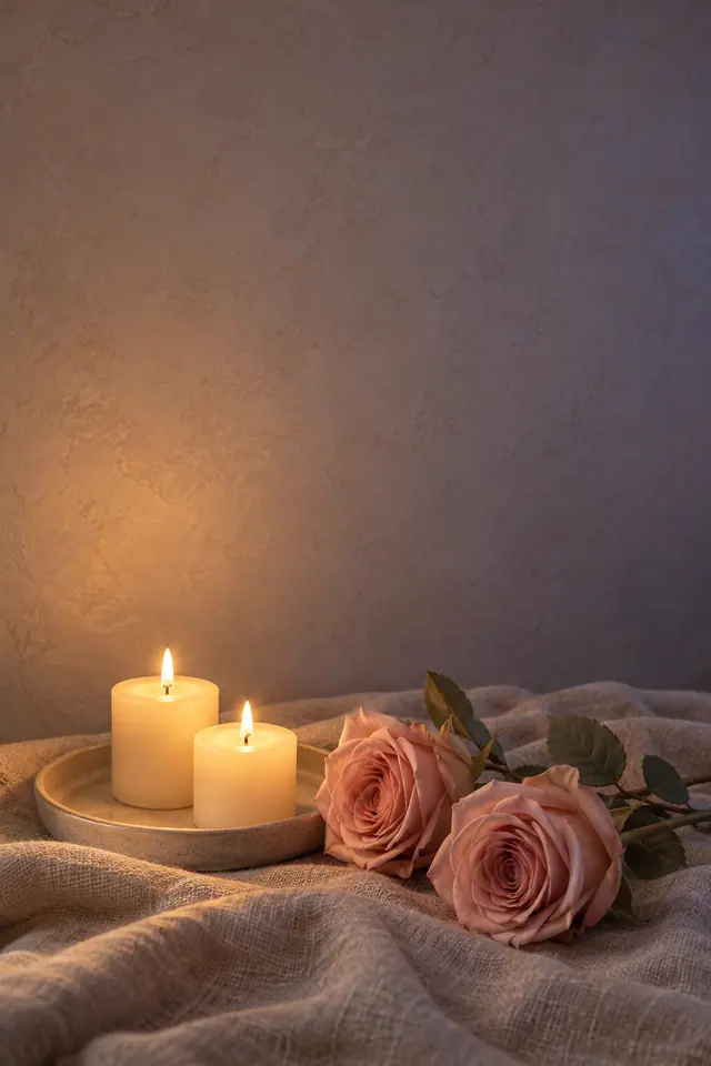 Duas velas acesas em prato de cerâmica ao lado de rosas sobre linho, com parede suave e espaço livre ao fundo.