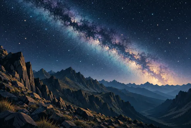 Via Láctea em diagonal sobre montanhas rochosas, com céu estrelado, vale profundo e escarpas em primeiro plano.