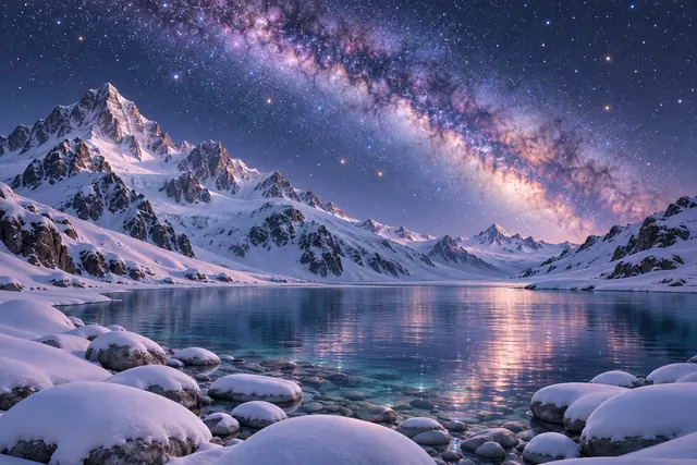 Via Láctea em tons lilás e rosados sobre montanhas nevadas e um lago com pedras cobertas de neve na margem.