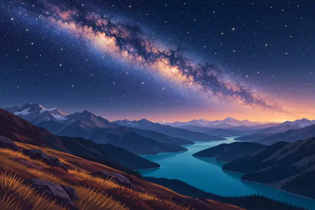 Via Láctea em diagonal sobre montanhas azuladas, lago turquesa sinuoso e encosta com capins dourados.