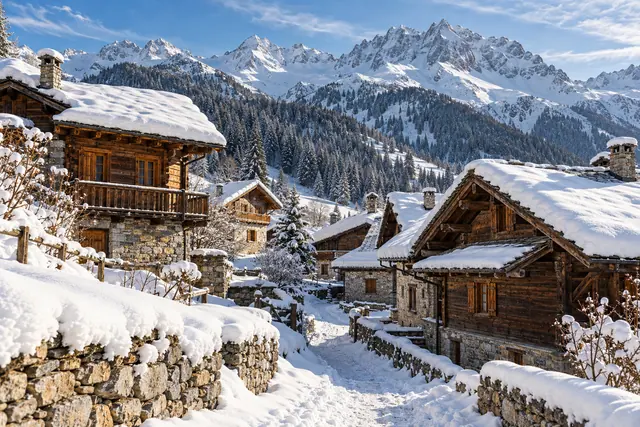 Vila alpina com chalés de madeira, viela e telhados cobertos de neve, floresta e montanhas ao fundo.
