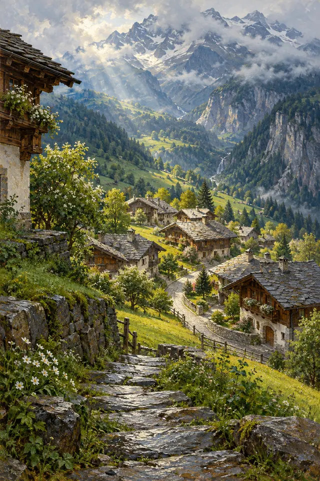 Pintura de vila alpina com chalés, escadaria de pedra e flores, diante de montanhas nevadas envoltas em nuvens.