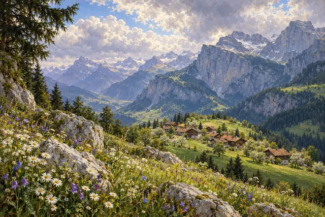 Pintura de vila alpina em encosta verde, com flores no primeiro plano e montanhas sob nuvens iluminadas.