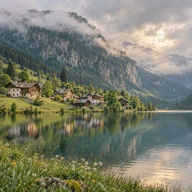 Chalés alpinos à beira de um lago com reflexos, flores no primeiro plano e montanhas cobertas por névoa.