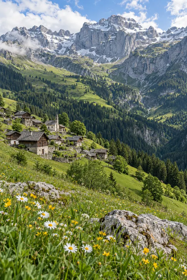 Vilarejo alpino em encosta verde, com flores no primeiro plano e montanhas rochosas com neve ao fundo.