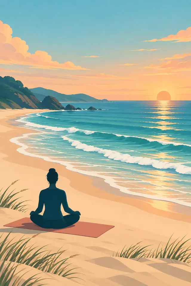 Pessoa em silhueta pratica yoga sentada na praia, diante do mar turquesa e do sol nascente.