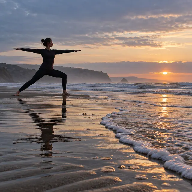 Mulher faz yoga na areia molhada ao nascer do sol, entre reflexos dourados, ondas e falésias ao fundo.