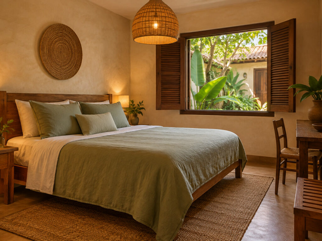 Quarto Jardim fictício, com janela para vegetação