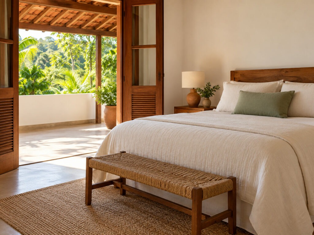 Quarto Varanda fictício, com roupa de cama clara