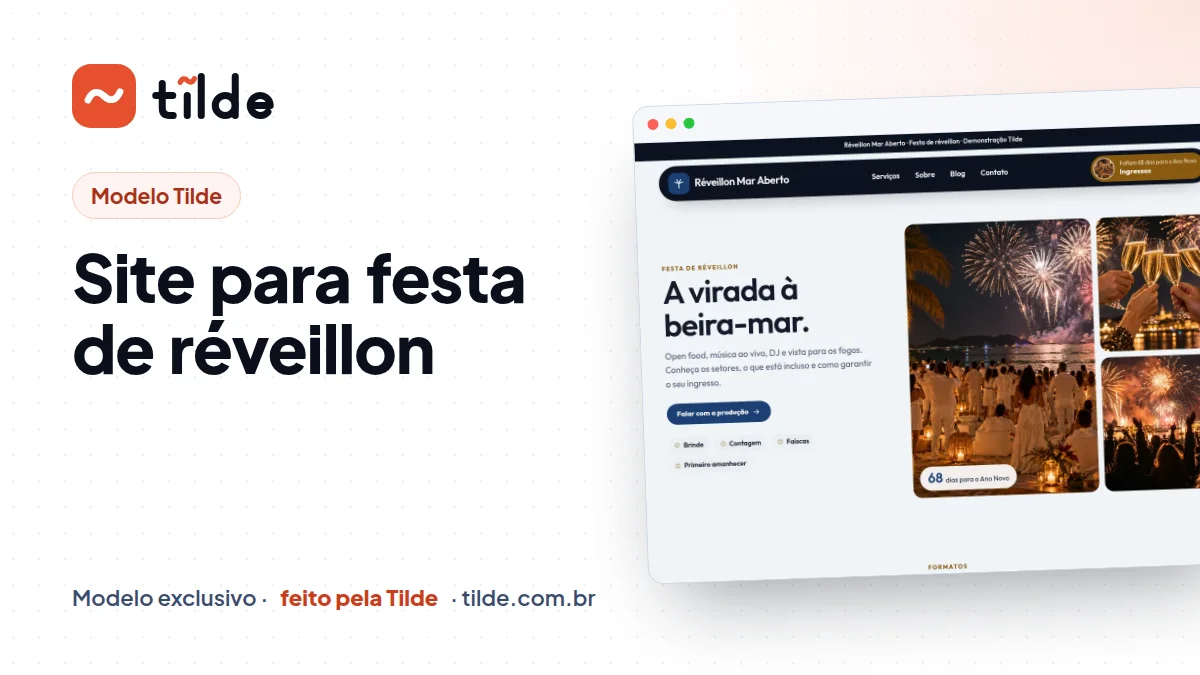 Capa do modelo Réveillon Mar Aberto, site para festa de réveillon demonstrativo da Tilde