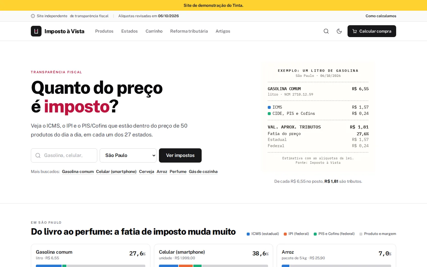 Imposto à Vista — portal de impostos por produto e estado