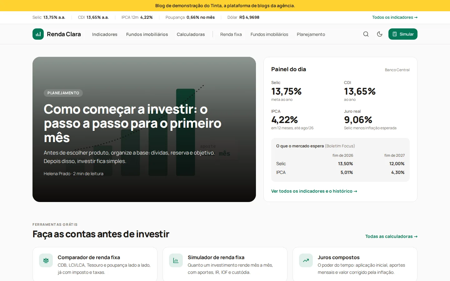 Renda Clara — portal de investimentos com calculadoras